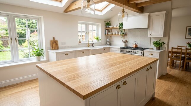 A wide sunlit modern open-plan kitchen interior focusing on a generous island unit topped with a beautifully polished pale blonde oak countertop, the natural wood grain flowing in rich parallel