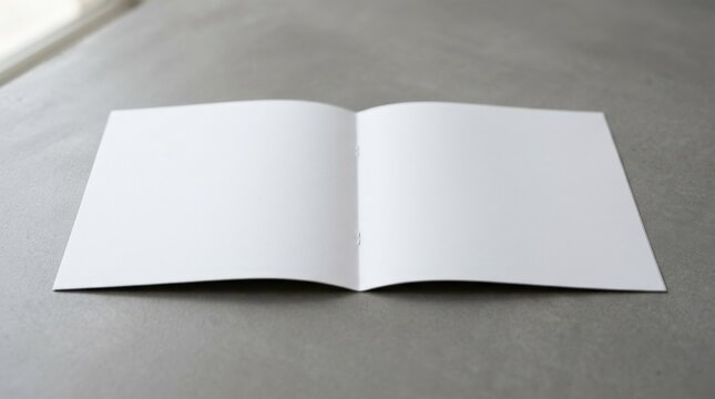 A letter-sized brochure mockup with blank pages open on a gray background, smooth paper texture and soft shadows, shot on Sony A7IV, 85mm lens, f/3.2, 8K\