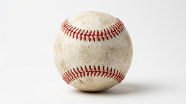 A pristine isolated baseball resting on a white background, the ball's red stitching forming the classic figure-eight seam pattern across the worn white leather surface, every thread and stitch