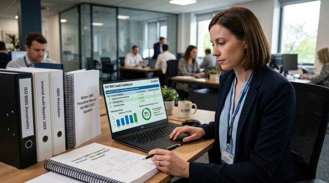 A quality assurance manager in a corporate office reviewing an ISO compliance audit checklist on a laptop, the screen showing a digital validation dashboard with process verification ticks,