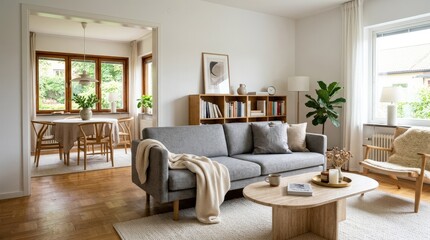 Fototapeta premium A sleek modern-Scandinavian living room with a clean gray sofa and draped blanket, a low bamboo bookstand on the wall, an oval travertine coffee table, parquet flooring with honey warmth, a view into