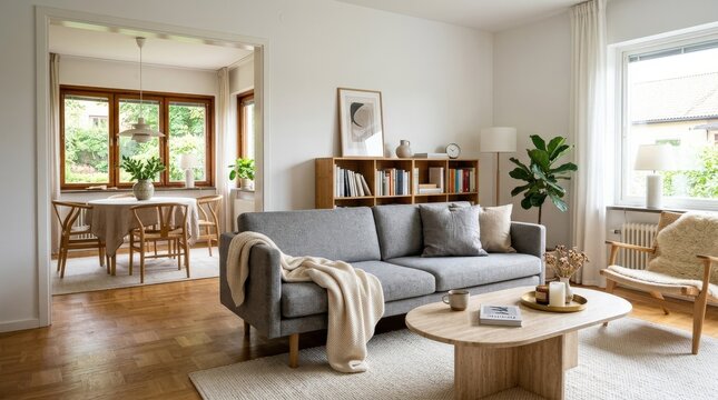 A sleek modern-Scandinavian living room with a clean gray sofa and draped blanket, a low bamboo bookstand on the wall, an oval travertine coffee table, parquet flooring with honey warmth, a view into
