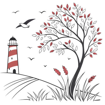 Red and white lighthouse with tree and seagulls flying overhead on white red and white stripes