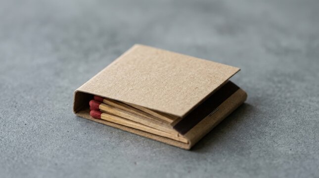 A realistic matchbook mockup on a gray background with blank cover and visible wooden matches, cardboard texture with subtle grain and clean edges, minimal packaging design for branding, soft lighting
