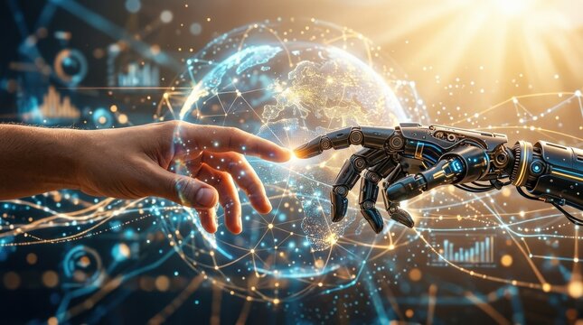A cinematic double-exposure image blending human and robotic hands reaching toward each other against a luminous digital globe background, glowing network lines and data nodes weaving between the