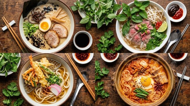 A rich and appetizing collage of vibrant Asian noodle soup dishes arranged in a dynamic overhead composition, featuring a deep bowl of Japanese tonkotsu ramen crowned with chashu pork and a soft egg,