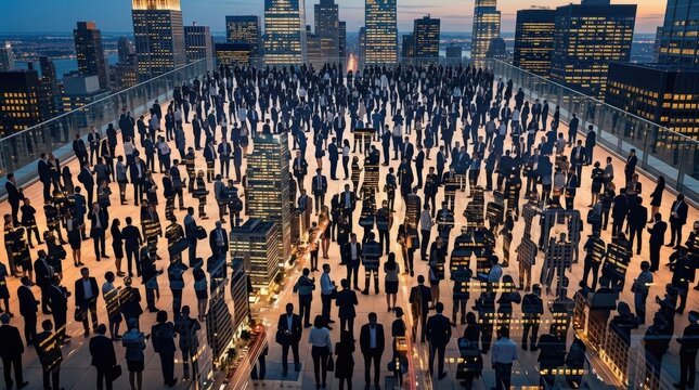 A photorealistic double-exposure composite photograph of a large gathering of business conference attendees, their silhouettes merging seamlessly with the glowing towers of a metropolitan financial