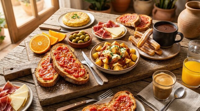 A beautifully crafted Spanish breakfast tapas spread generously covering a rustic wooden board, featuring thick slices of pan con tomate glistening with olive oil and crushed tomato, crispy golden