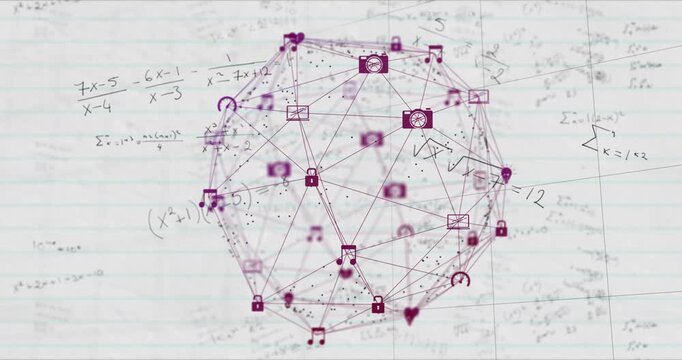 Magenta sphere appearing over notebook pulsing icons and moving dots along math lines for education