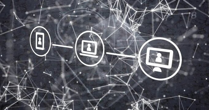 Data pulse sending three device icons forming technology chain while nodes reshaping rough ground