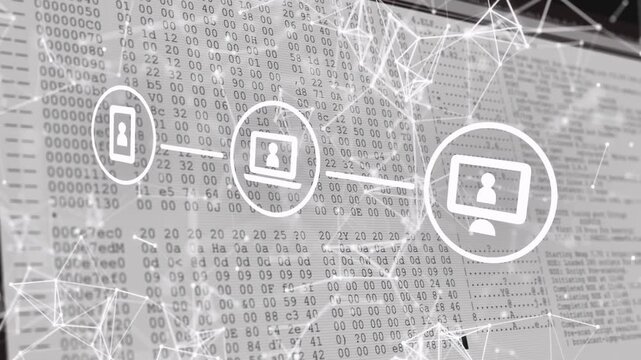 Three device icons appearing, forming links, mesh moving through icons, revealing hex for IT