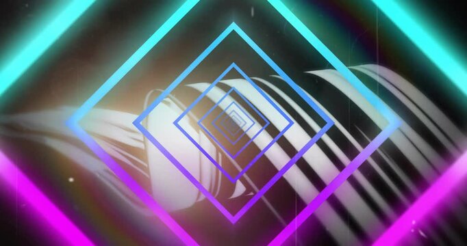 Warm flare flaring, neon diamond frames and b and w striped ribbon pulsing, shifting, creating loop