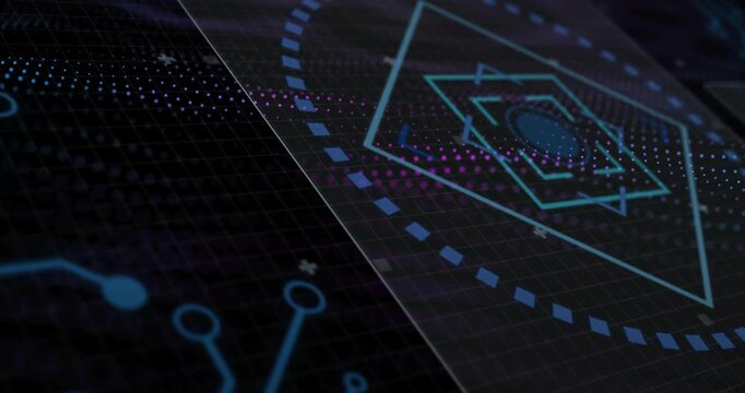 Digital panel sliding and rotating as playback starting over grid, particles scanning polygons tech