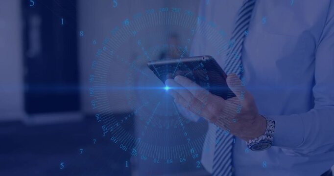 On activation blue HUD, radial marks rotating and flare sweeping, exec holding tablet, showing data