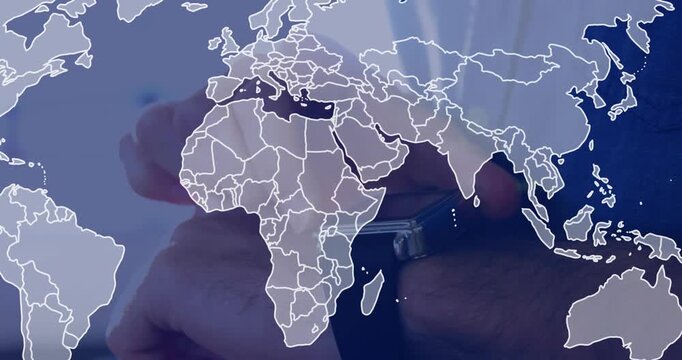 Man tapping wristwatch and revealing animated world map overlay, displaying global business data