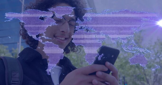 Student tapping phone checking map on street causing purple tech overlay evolving to dotted network