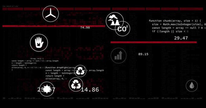 Data icons shifting on dashboard, receiving live feed, animating red bars and environmental metrics
