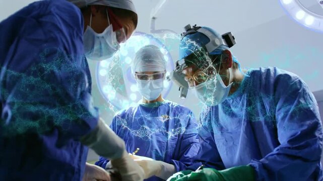 Lead surgeon incising, two aides exchanging tools, performing surgery, blue ring forming near light