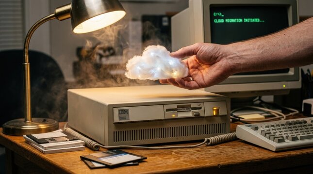 A human hand holds a translucent miniature cumulus cloud model above a beige vintage IBM PS/2 desktop computer, warm nostalgic tungsten desk lamp illuminating the scene, atmospheric mist effect around