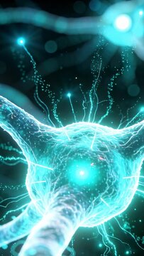 Vertical video: Bursting soma sending pulses along axon and dendrite, signaling across neural field