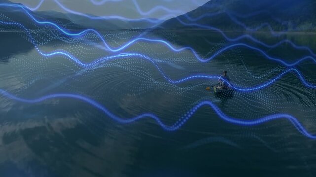 Man fishing paddling boat across lake, paddle making ripples, blue tech waveform sweeping over boat