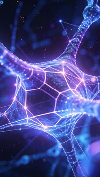 Vertical video: Camera pulling back revealing neuronlike soma pulsing in dark field, showing nodes