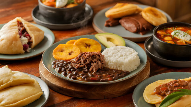Traditional venezuelan Food Spread with Assorted Dishes