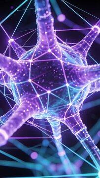 Vertical video: Rotating soma sending light pulses along filaments in neural mesh with nodes firing