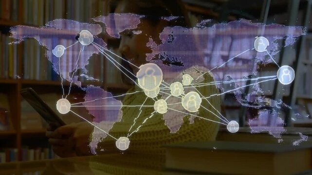 Female student holding phone in library scrolling and causing world map nodes converging for study