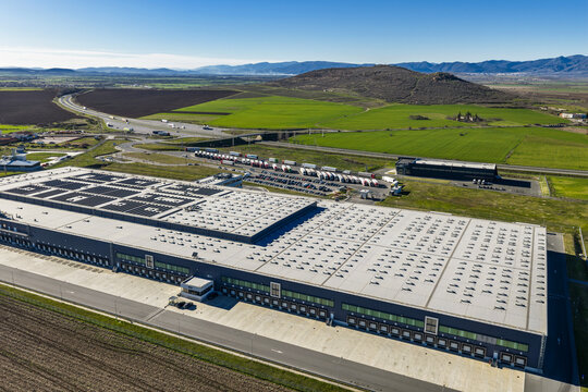 Aerial drone view to big transport logistics center on the Trakia motorway near to Sliven, Bulgaria