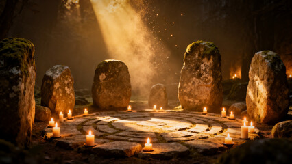 Magical circle of stones with lit candles - an ancient altar in an ancient stone temple, sacred ceremonial space
