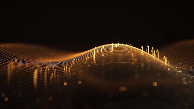 Digital data waveform illustration: An abstract digital data waveform undulates with golden particles against a dark background, evoking a sense of technological elegance and information flow.