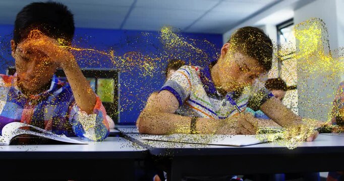 Teen boy writing classwork while gold dust drifting left sweeping desks and faces into overlay