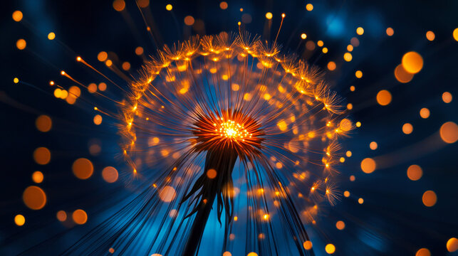 A close-up of the center glowing core of an orange and blue dandelion