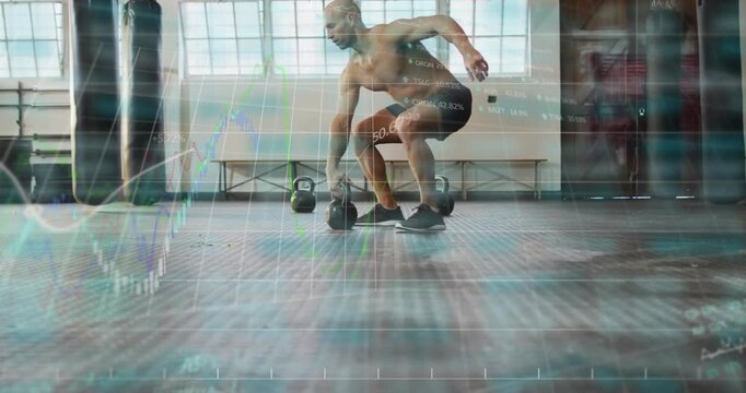 Man reaching kettlebell and cleaning overhead with HUD animating measuring fitness and stability