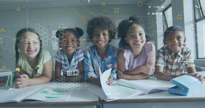5 students center boy flipping page sparking hexagon overlay across green drawings for education