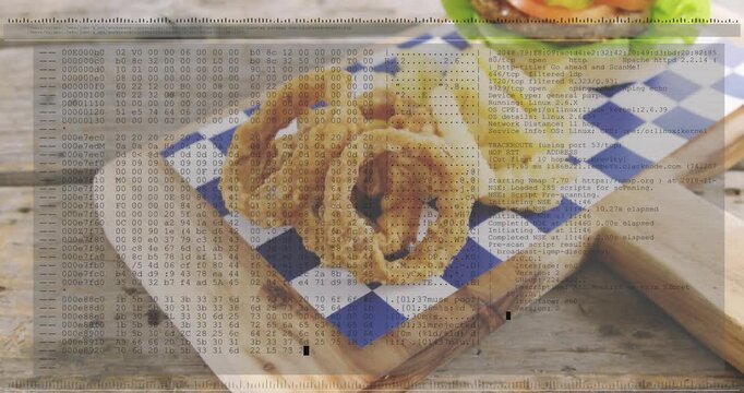 Scanlines starting hex overlay growing cam sliding right showing onion rings fries burger glitch