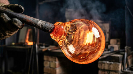 Molten glass being shaped on a blowpipe in a glassblowing studio