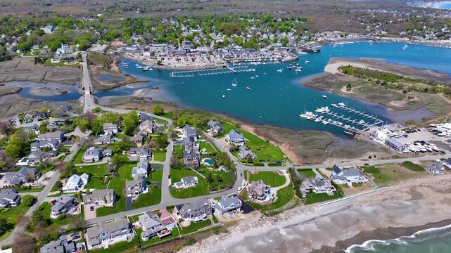 Scituate Harbor aerial view including Bulman Marine and Harbor Marina in town of Scituate, Massachusetts MA, USA. 