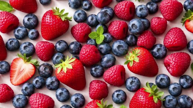 top view of berries assortment (strawberry, blueberry, raspberry) on light background, flat lay, soft shadows,