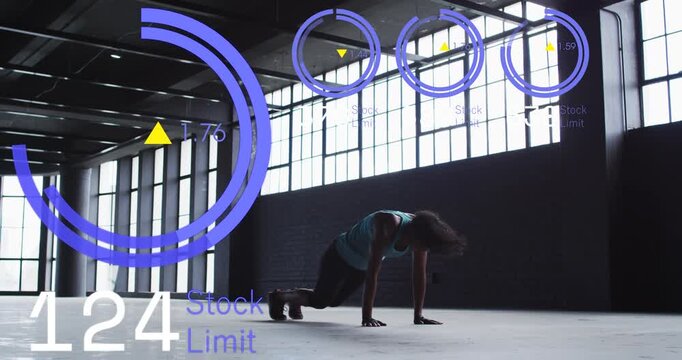 Woman starting jump, doing burpees for fitness while purple rings and Stock Limit counters updating