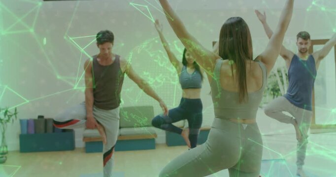 Instructor guiding fitness class shifting to one-leg balance as green overlay animating over group