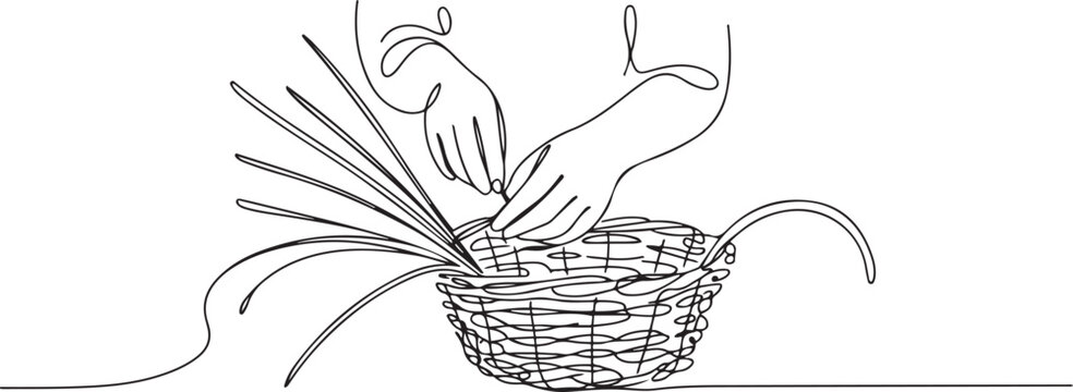 A wicker weaver weaves a basket. Step by step work on creating a basket from twigs. one line art icon drawing vector