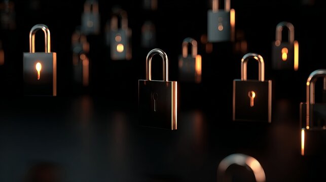 A collection of padlocks with some glowing in the dark background