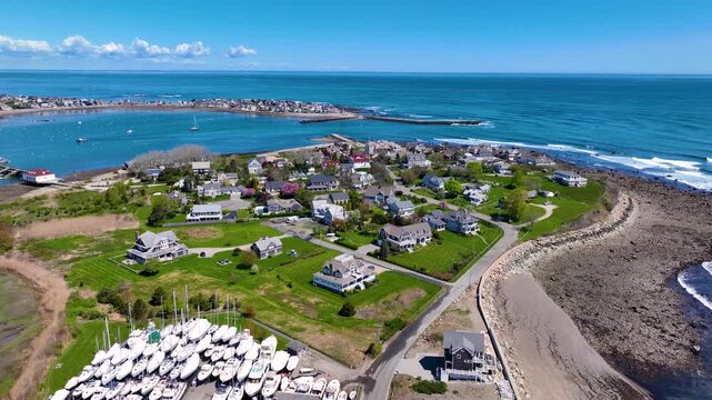 Scituate Harbor aerial view including First Cliff village in town of Scituate, Massachusetts MA, USA. 