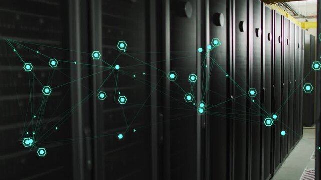 Teal overlay projecting across data center racks, nodes drifting and forming mesh visualizing flow