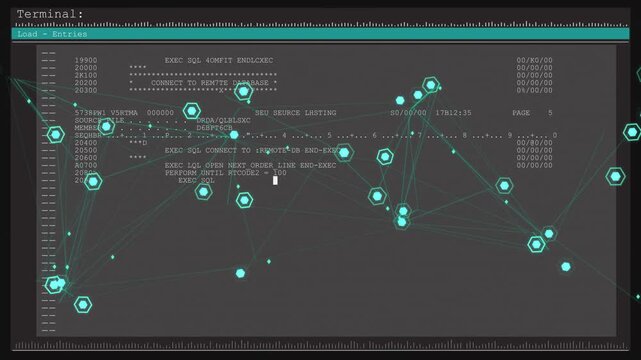 Displaying centered terminal scrolling SQL text on black field, with teal header, turquoise nodes