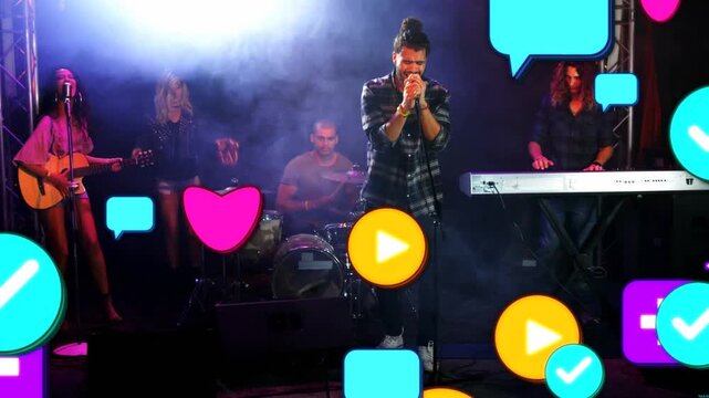 Lead singer singing as band starting live set, heart icons rising over band and showing engagement