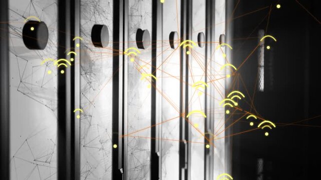 Vertical metal panels receiving data, projecting growing network map with gold nodes, Wi-Fi arcs