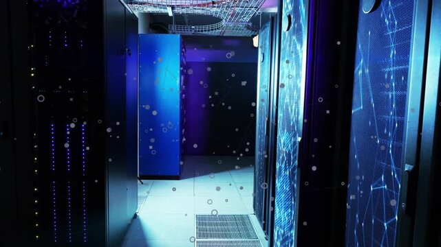 Server aisle particles and pulsing LEDs, panel flashing sending camera forward showing data flow